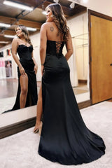 Dreamyannie Sweetheart Black Prom Dress Long Corset Evening Dress With Slit