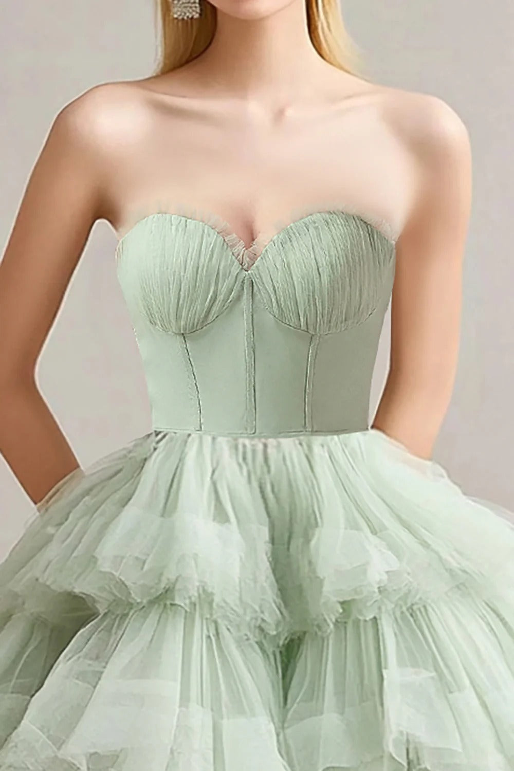 Dreamyannie Sweetheart Corset A Line Sage Wedding Guest Dress Tulle Tiered Long Prom Dress With Ruffles