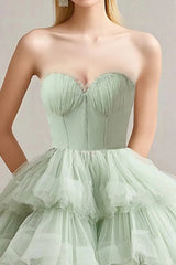Dreamyannie Sweetheart Corset A Line Sage Wedding Guest Dress Tulle Tiered Long Prom Dress With Ruffles