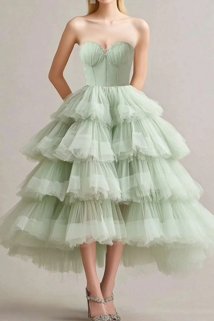 green tulle layered dress Dreamyannie UK Sweetheart Corset A Line Sage Wedding Guest Dress Tulle  Tiered Long Prom Dress With Ruffles