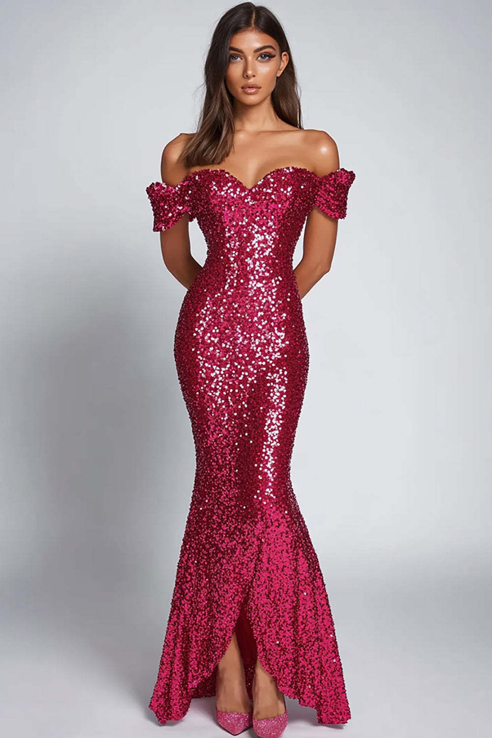 Dreamyannie Sweetheart Fuchsia Wedding Guest Dress Sequins Long Formal Dress