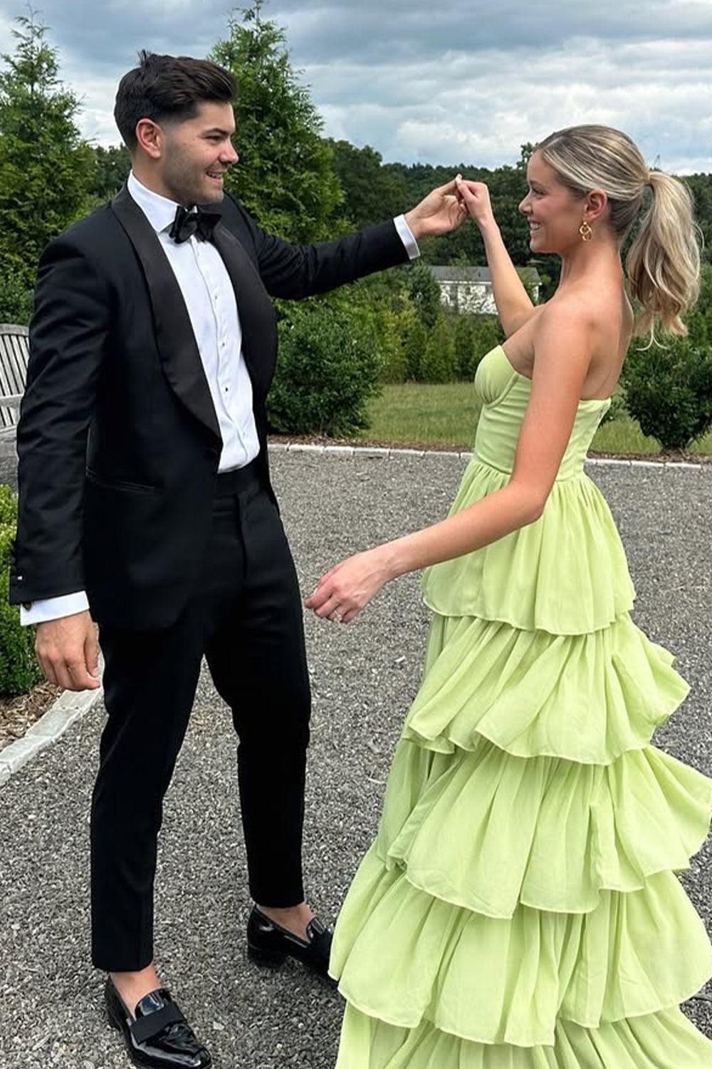 Dreamyannie Sweetheart Light Green Layered Ruffle Evening Dress With Slit Formal Evening Gown