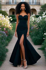 Dreamyannie Sweetheart Mermaid Black Wedding Guest Dress Spaghetti Straps Formal Dress With Slit