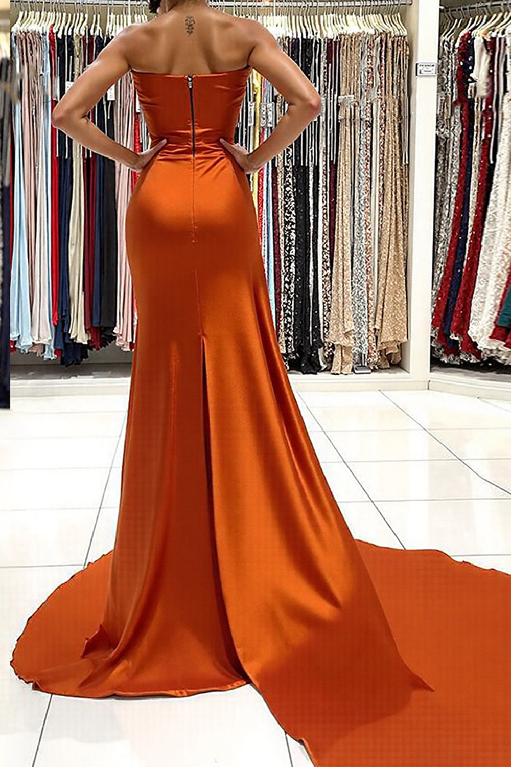 Dreamyannie Sweetheart Orange Prom Dress Satin Long Side Cape Formal Dress With Slit