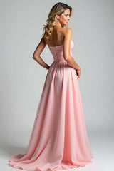 Dreamyannie Sweetheart Ruched A Line Pink Wedding Guest Dress Long Formal Dress