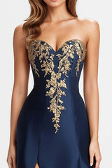 Dreamyannie Sweetheart Satin Beaded Navy Blue Wedding Guest Dress A Line Long Formal Dress With Slit
