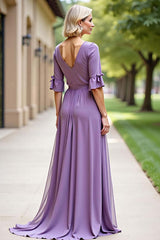 Dreamyannie Tahiti Long Chiffon Formal Dress With Short Sleeves