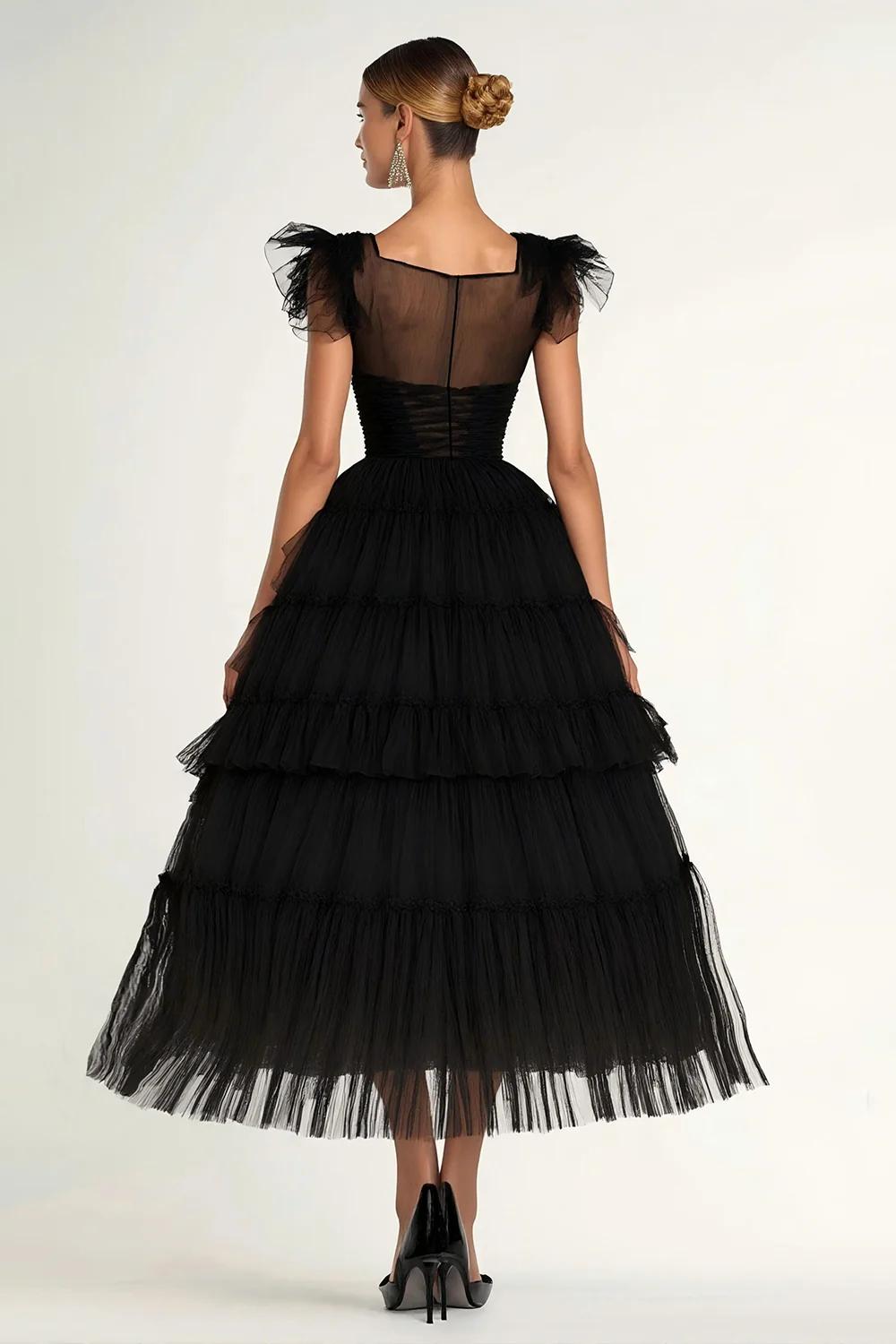 Dreamyannie Tea Length Black Wedding Guest Dress A-Line Flatter Sleeves Tulle Formal Dress With Ruffles