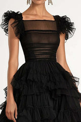 Dreamyannie Tea Length Black Wedding Guest Dress A-Line Flatter Sleeves Tulle Formal Dress With Ruffles