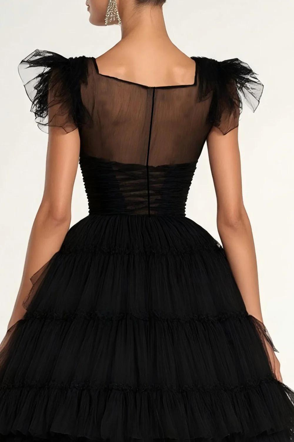 Dreamyannie Tea Length Black Wedding Guest Dress A-Line Flatter Sleeves Tulle Formal Dress With Ruffles
