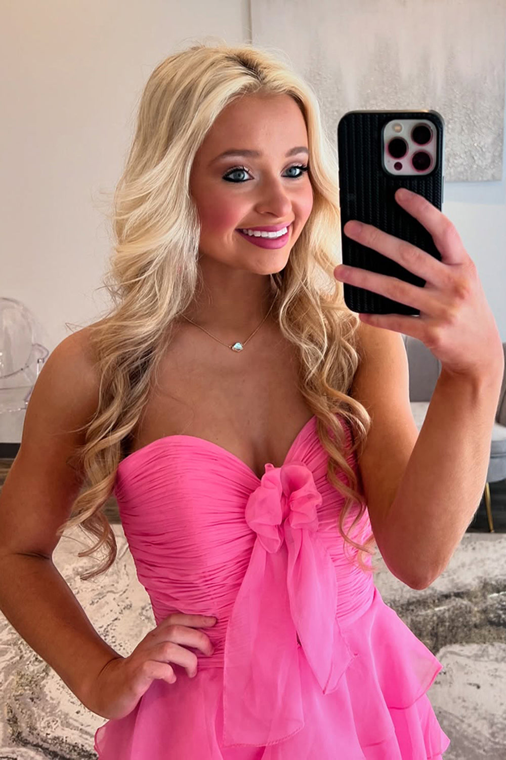 Dreamyannie Tiered Fuchsia Prom Dress A-Line Sweetheart Formal Dress With Slit