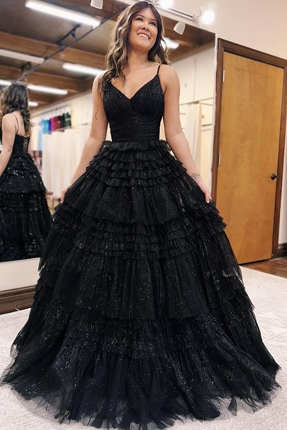 Dreamyannie Tulle Spaghetti Straps Sage Prom Dress Ruffled Long Formal Dress