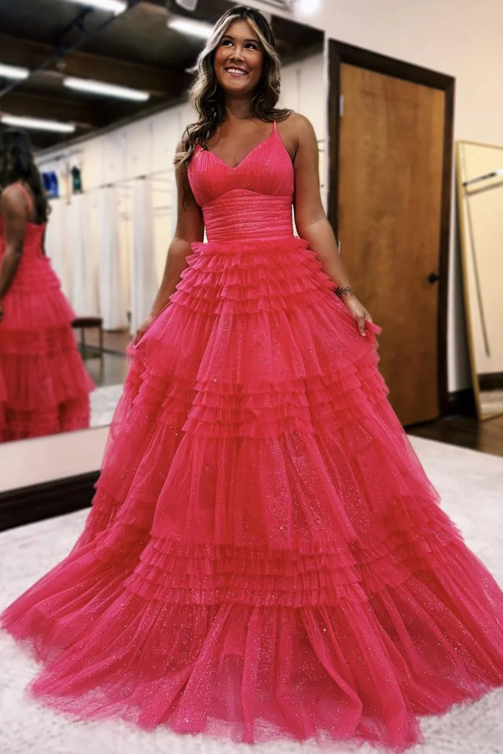 Dreamyannie Tulle Spaghetti Straps Sage Prom Dress Ruffled Long Formal Dress