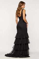 Dreamyannie Tulle Tiered Black Wedding Guest Dress Sheath V-Neck Long Prom Dress