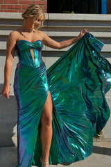 Dreamyannie Turquoise Prom Dress Mermaid Ruche Metallic Long Evening Dress With Slit