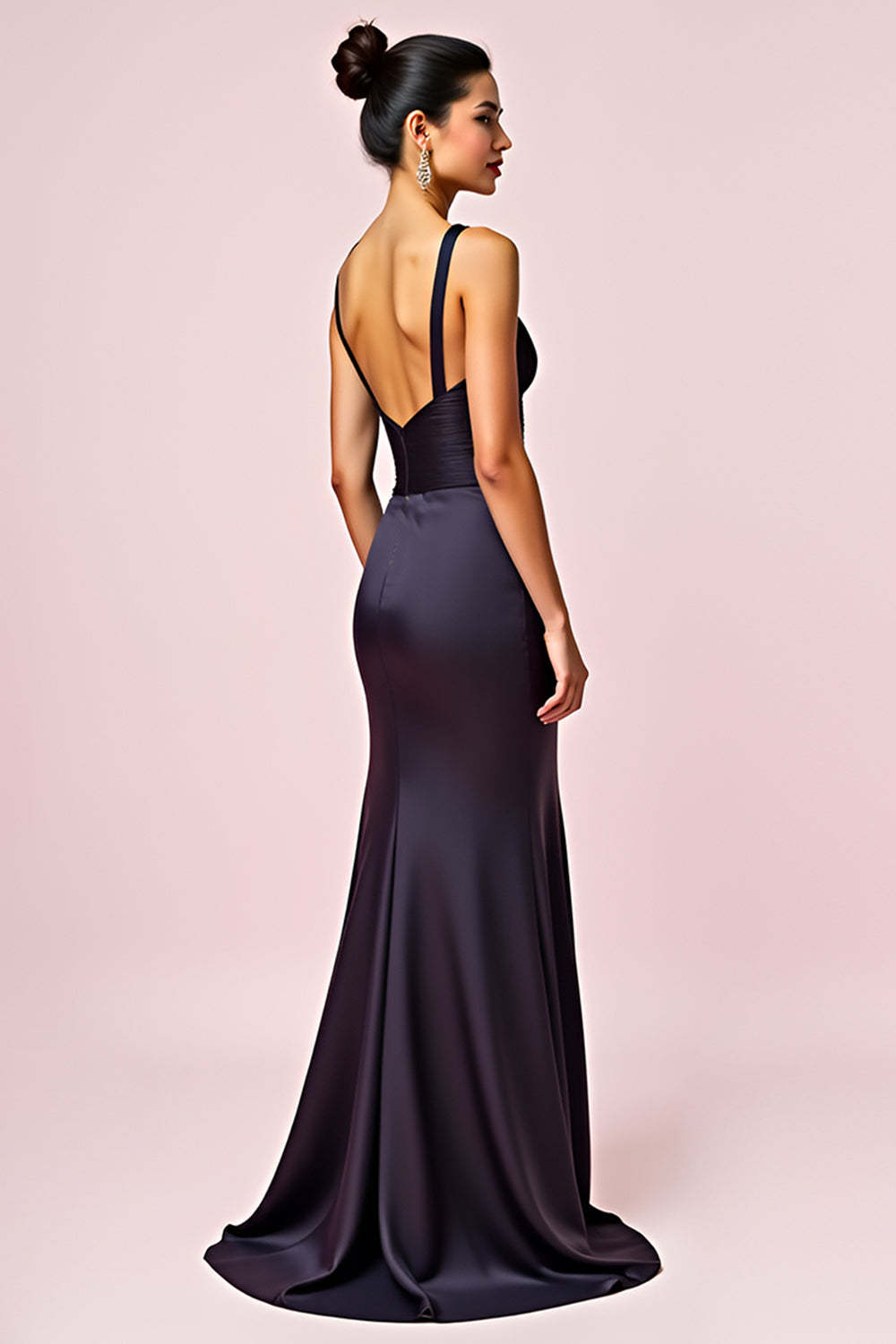 Dreamyannie V-Neck Backless Navy Wedding Guest Dress Sheath Long Formal Dress