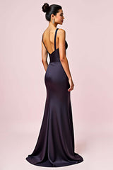 Dreamyannie V-Neck Backless Navy Wedding Guest Dress Sheath Long Formal Dress