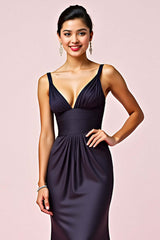 Dreamyannie V-Neck Backless Navy Wedding Guest Dress Sheath Long Formal Dress