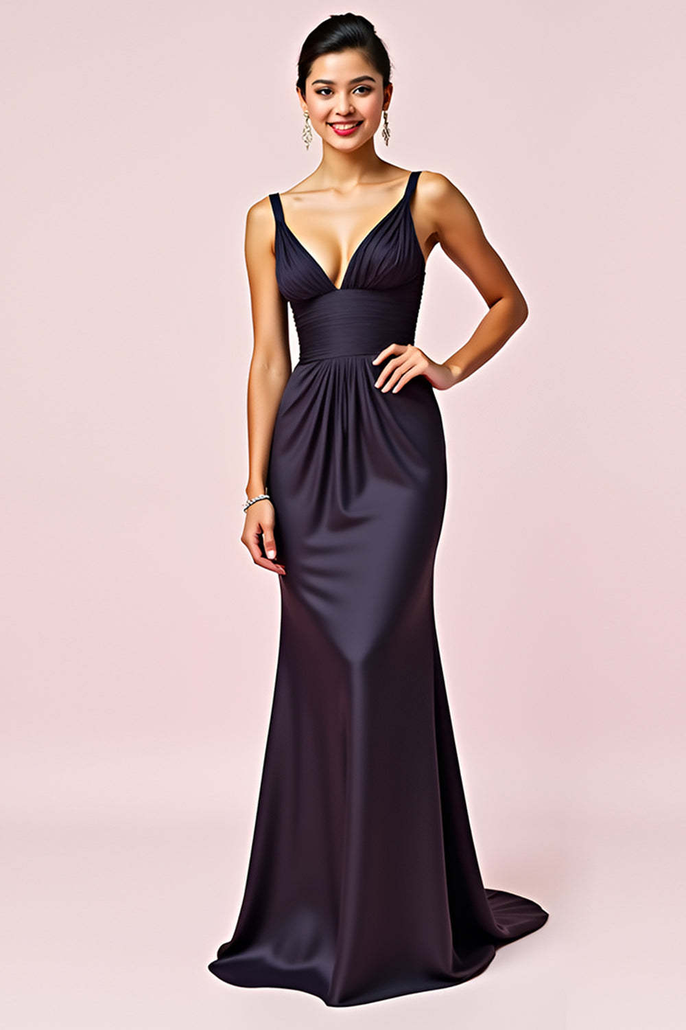 Dreamyannie V-Neck Backless Navy Wedding Guest Dress Sheath Long Formal Dress