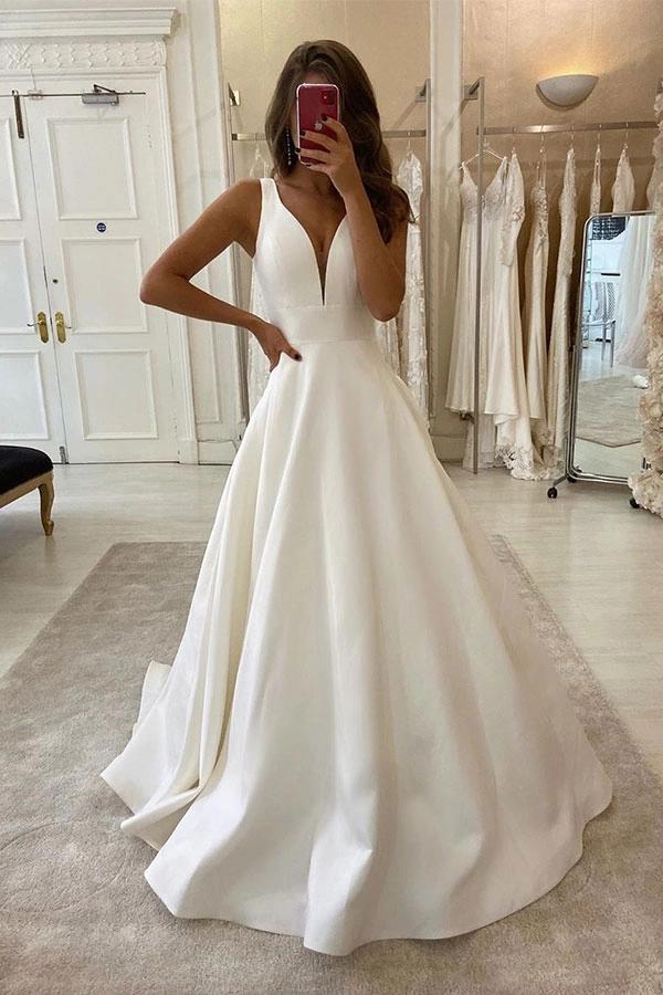 Dreamyannie V Neck Beach Wedding Dress A Line Satin Bridal Dress