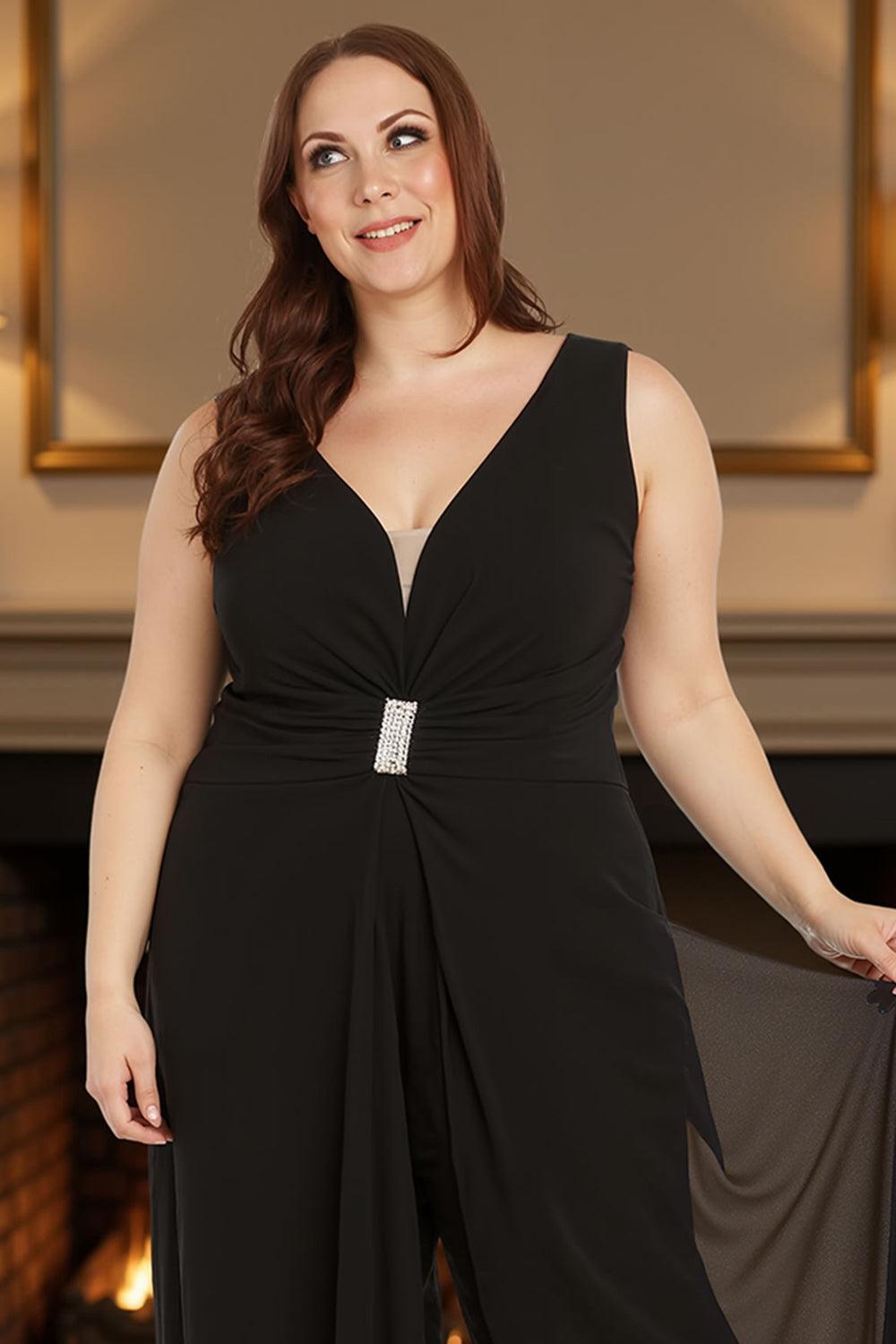 Dreamyannie V Neck Black Chiffon Floor Length Mother Of The Bride Jumpsuits