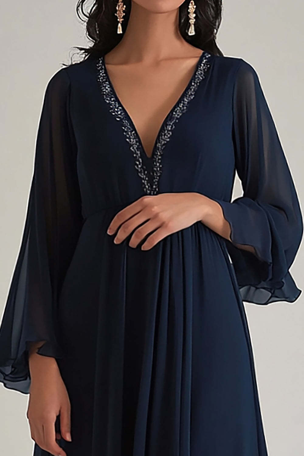 Dreamyannie V-Neck Chiffon Navy Wedding Guest Dress Deep Long Formal Dress With Sleeves