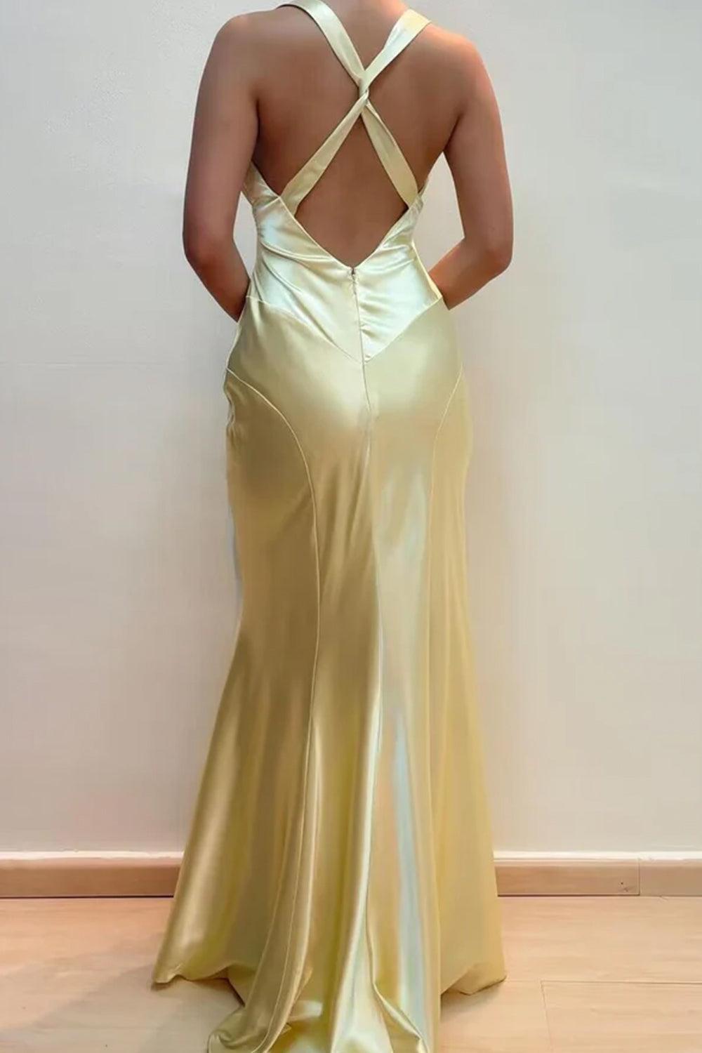 Dreamyannie V-Neck Cross Back Yellow Satin Prom Gown With Ruched Detailing Formal Evening Gown