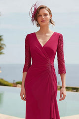 Dreamyannie V Neck Dark Red Mermaid Long Mother Of The Bride Dress With Lace