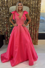Dreamyannie V-Neck Fuchsia Prom Dress A-Line Evening Dress With Bows