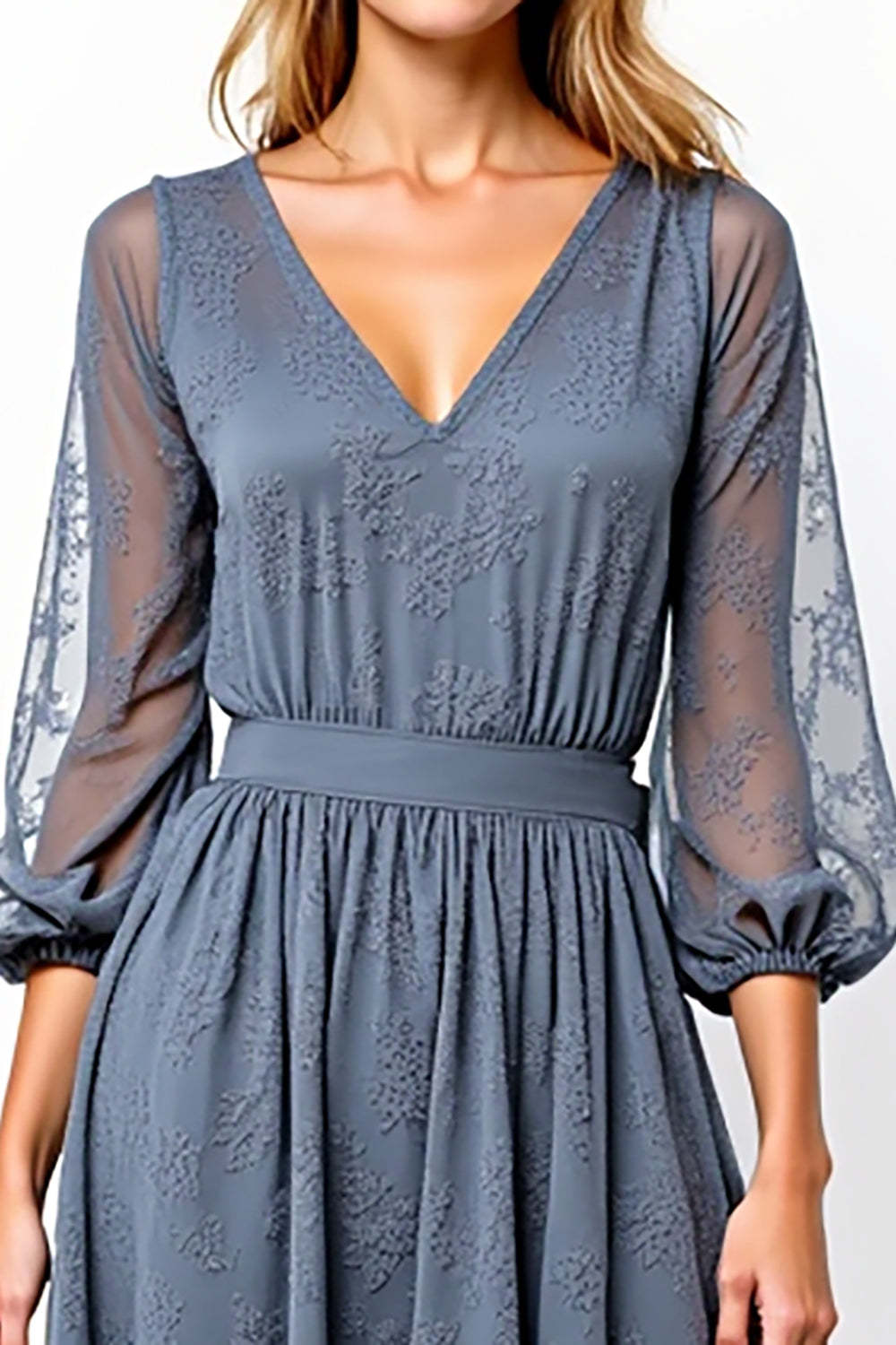 Dreamyannie V-Neck Knee-Length A Line Grey Formal Dress With Lace