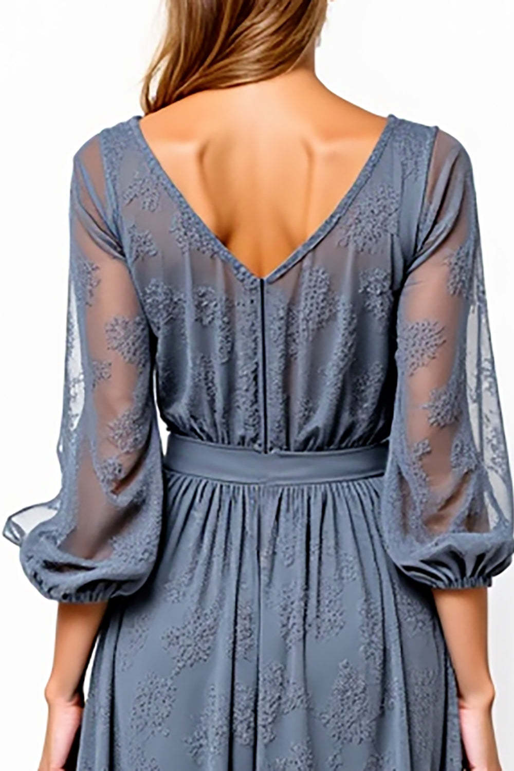 Dreamyannie V-Neck Knee-Length A Line Grey Formal Dress With Lace