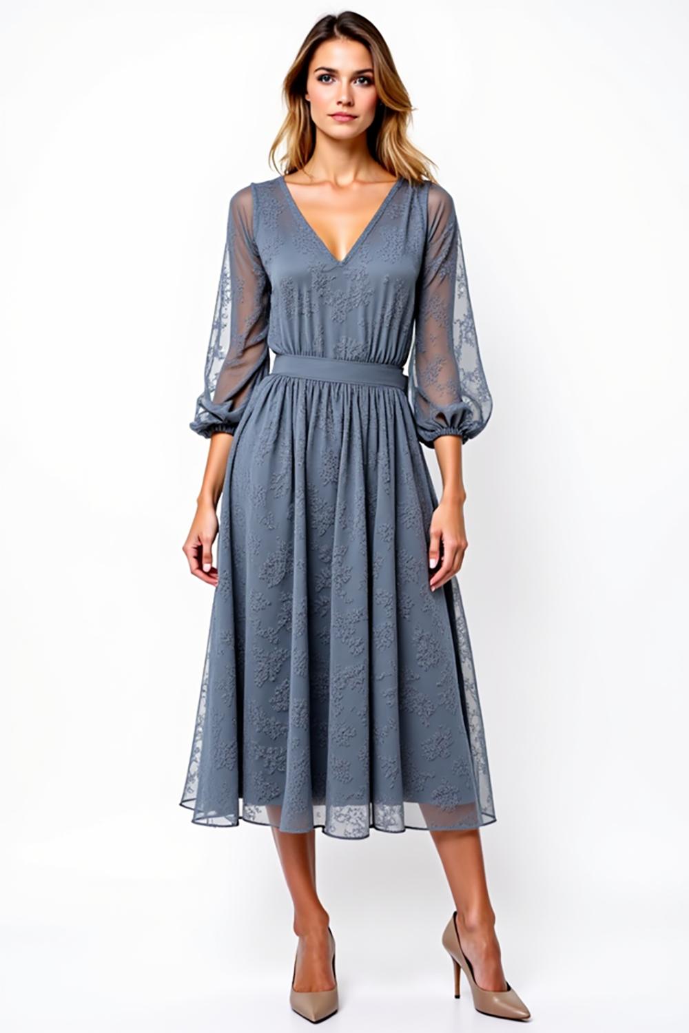 Dreamyannie V-Neck Knee-Length A Line Grey Formal Dress With Lace