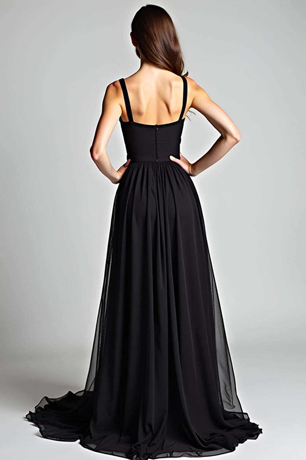 Dreamyannie V-Neck Long Black Wedding Guest Dress A Line Formal Dress With Slit