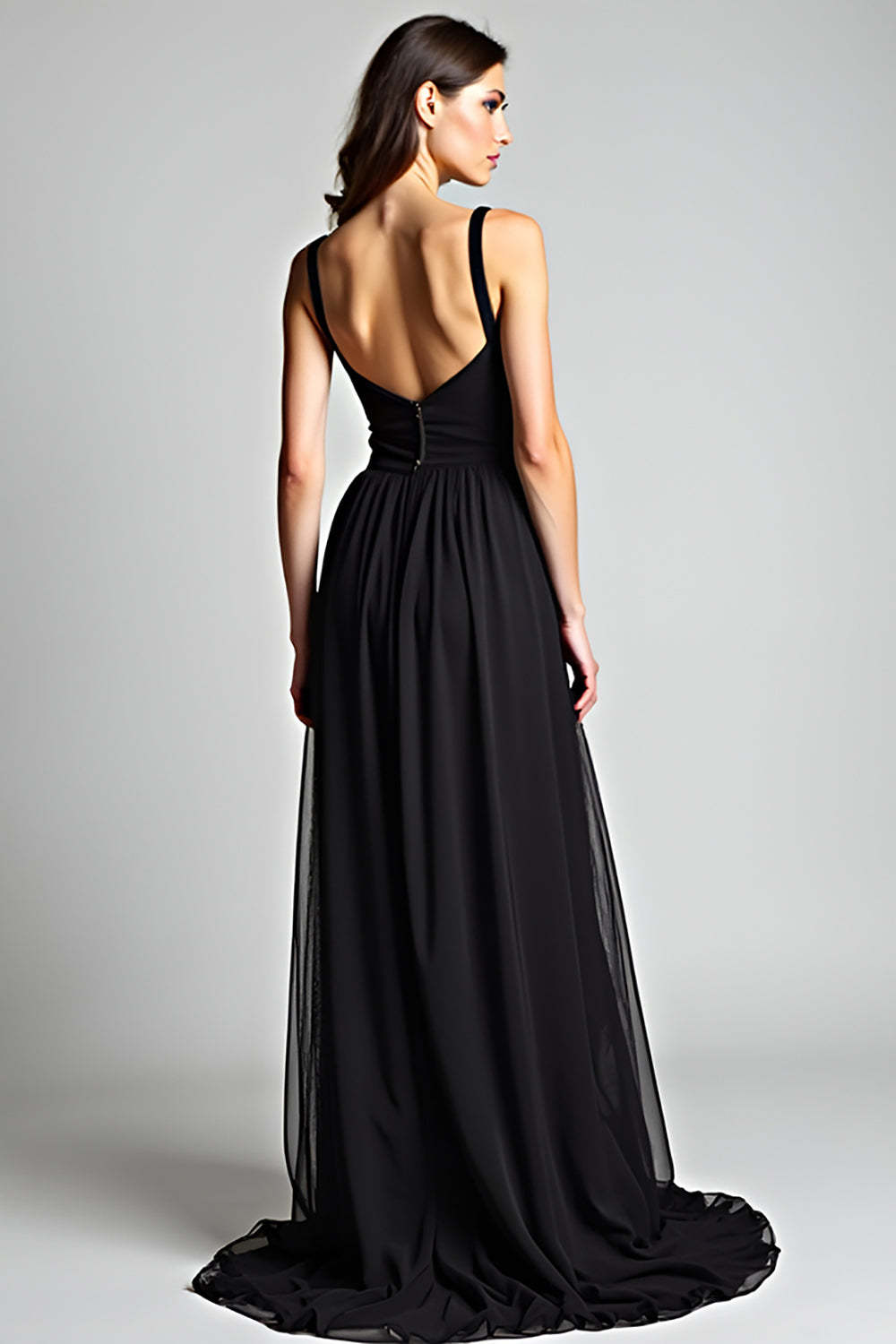 Dreamyannie V-Neck Long Black Wedding Guest Dress A Line Formal Dress With Slit