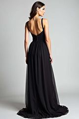 Dreamyannie V-Neck Long Black Wedding Guest Dress A Line Formal Dress With Slit