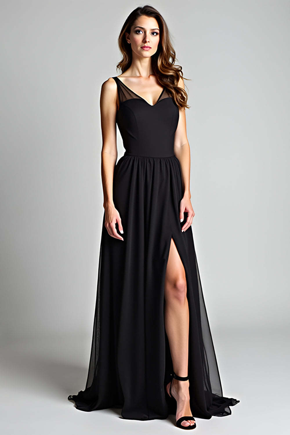 Dreamyannie V-Neck Long Black Wedding Guest Dress A Line Formal Dress With Slit