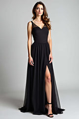 Dreamyannie V-Neck Long Black Wedding Guest Dress A Line Formal Dress With Slit
