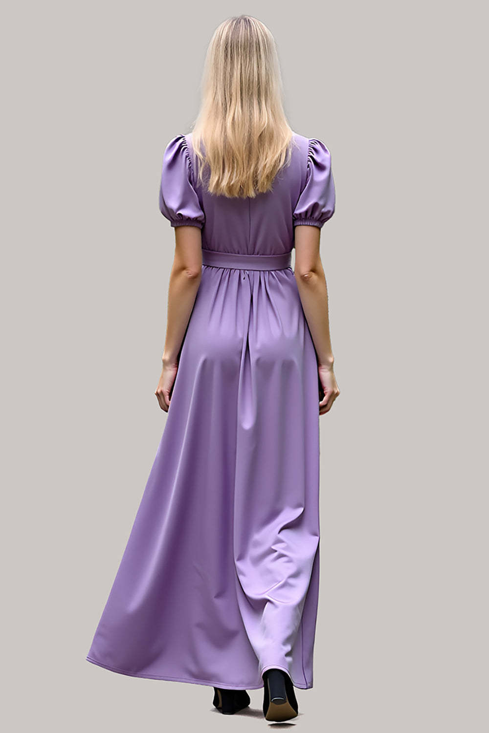 Dreamyannie V-Neck Long Purple Wedding Guest Dress Satin Formal Dress With Short Sleeves