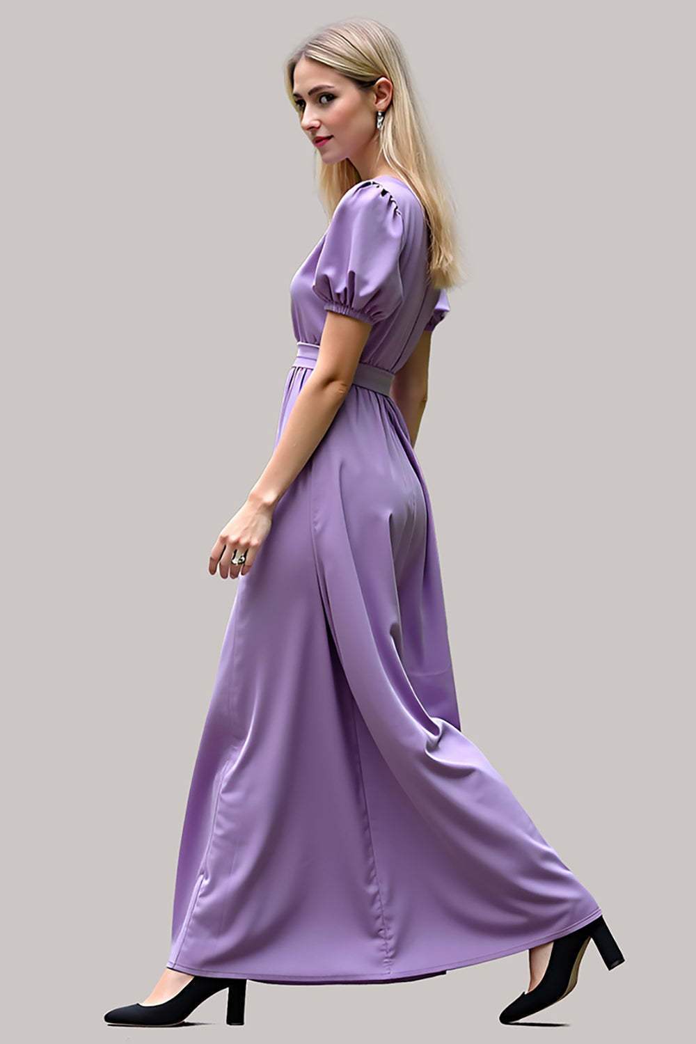Dreamyannie V-Neck Long Purple Wedding Guest Dress Satin Formal Dress With Short Sleeves