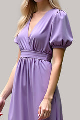 Dreamyannie V-Neck Long Purple Wedding Guest Dress Satin Formal Dress With Short Sleeves