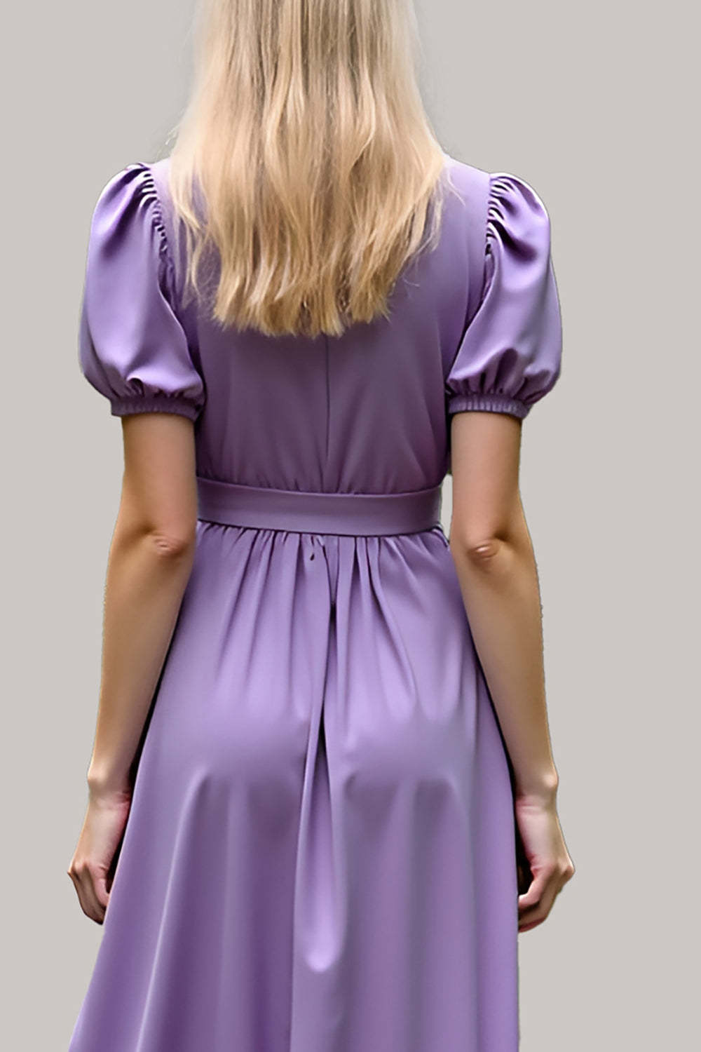 Dreamyannie V-Neck Long Purple Wedding Guest Dress Satin Formal Dress With Short Sleeves