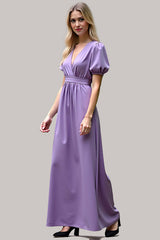 Dreamyannie V-Neck Long Purple Wedding Guest Dress Satin Formal Dress With Short Sleeves