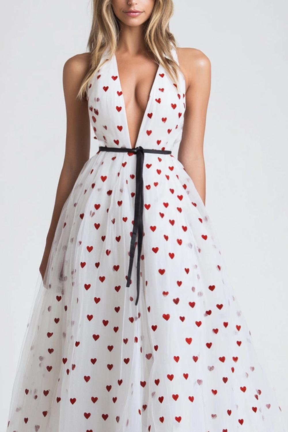 Dreamyannie V-Neck Long White Tulle A Line Formal Dress With Polka Dots