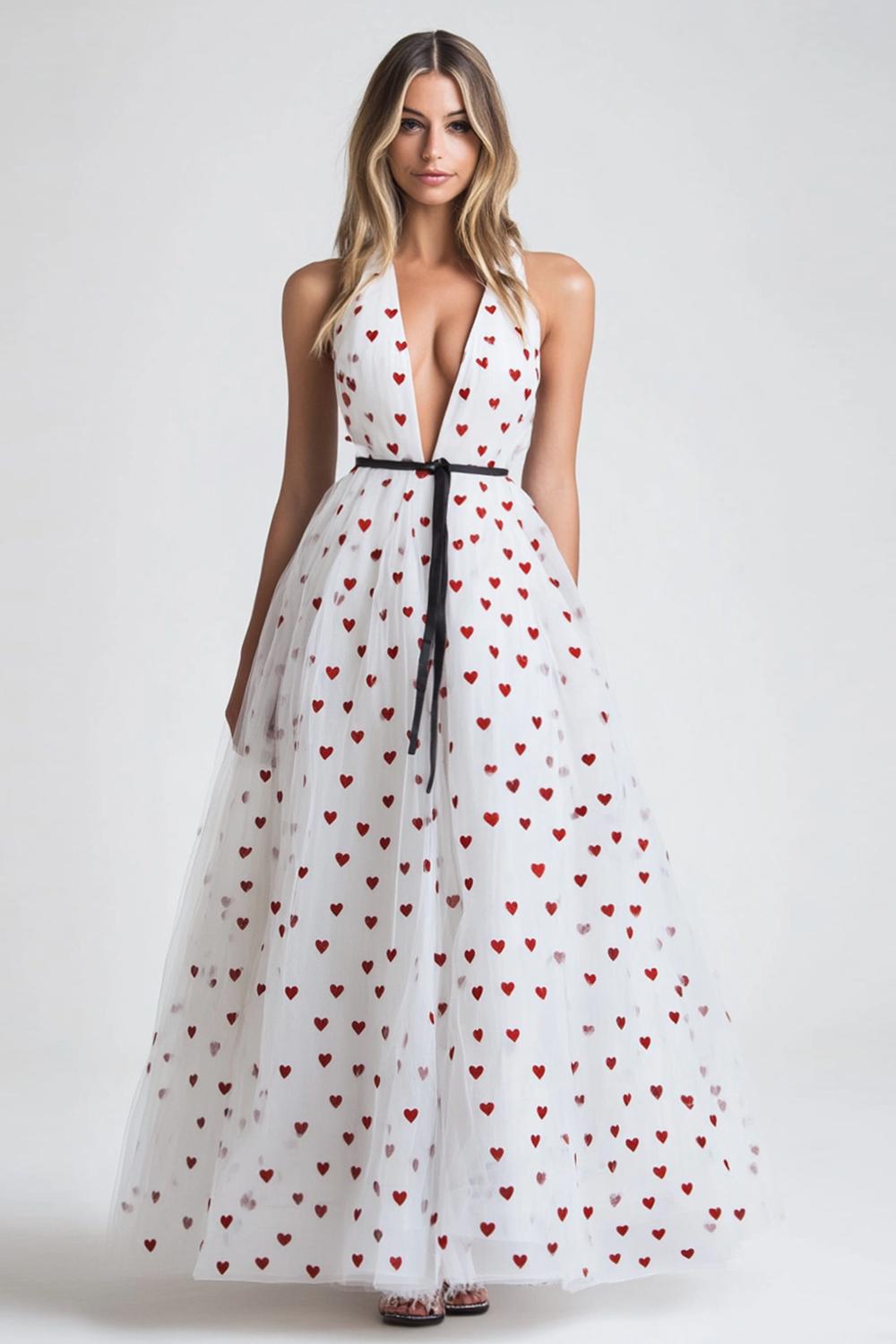 Dreamyannie V-Neck Long White Tulle A Line Formal Dress With Polka Dots