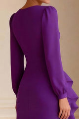 Dreamyannie V Neck Purple Ruffled Asymmetrical Mother Of The Bride Dress With Slit