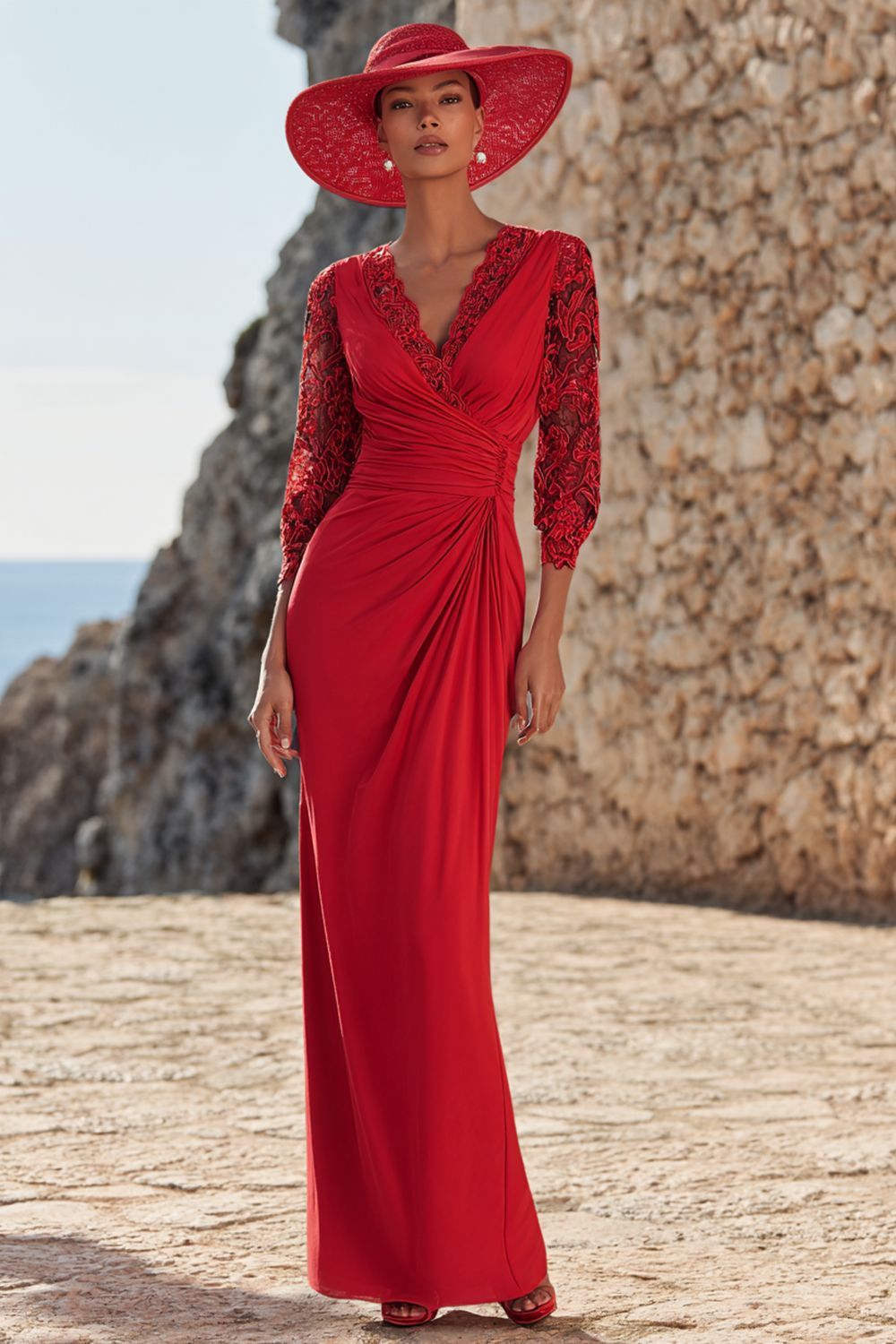 Dreamyannie V Neck Red Ruched Long Mother Of The Bride Dress With Lace