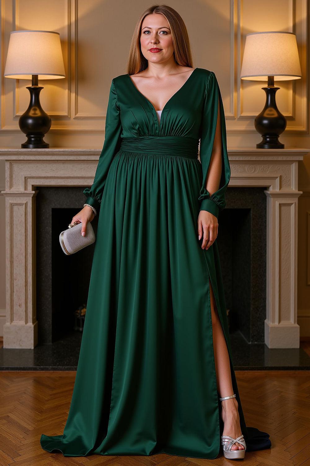Dreamyannie V Neck Satin Black Floor Length Mother Of The Bride Dress With Slit