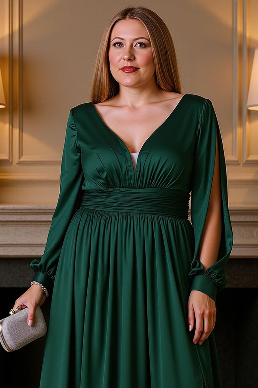 Dreamyannie V Neck Satin Black Floor Length Mother Of The Bride Dress With Slit