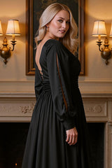 Dreamyannie V Neck Satin Black Floor Length Mother Of The Bride Dress With Slit