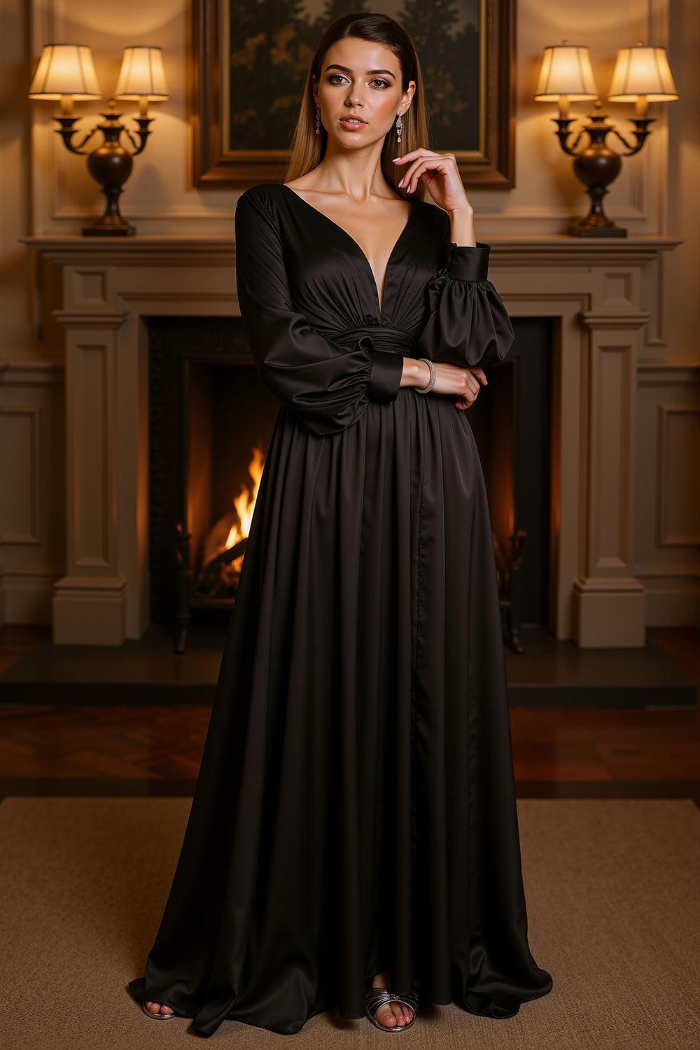 Dreamyannie V Neck Satin Black Floor Length Mother Of The Bride Dress With Slit